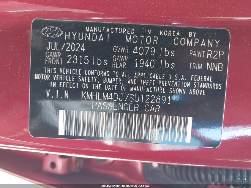 2025 Hyundai Elantra VIN KMHLM4DJ7SU122891 IAAI salvage auction — RIGHT SIDE, Salvage (North Carolina), sold $8,675 on 2026-07-29 (photo 9)
