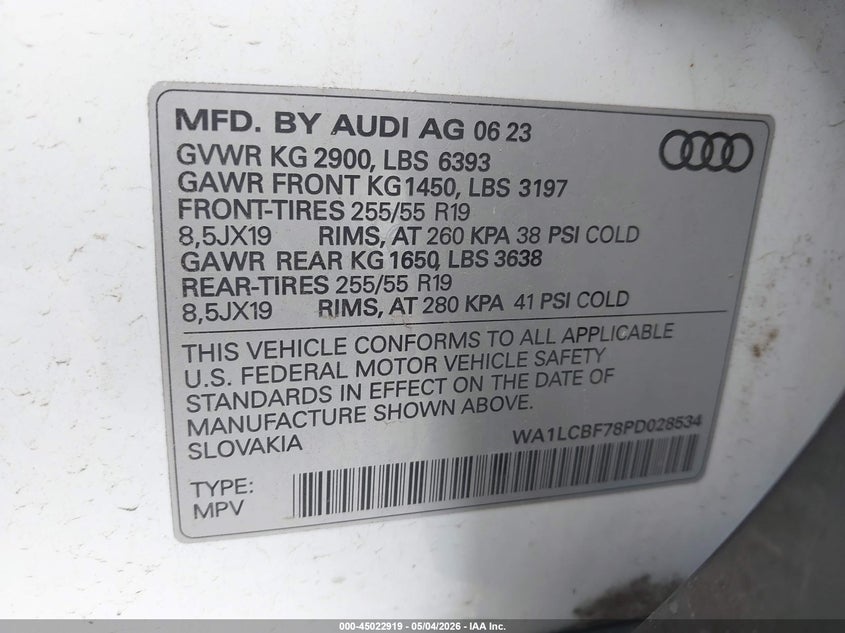 2023 Audi Q7 VIN WA1LCBF78PD028534 IAAI salvage auction — RIGHT FRONT, Salvage Title, sold $15,400 on 2026-08-02 (photo 9)
