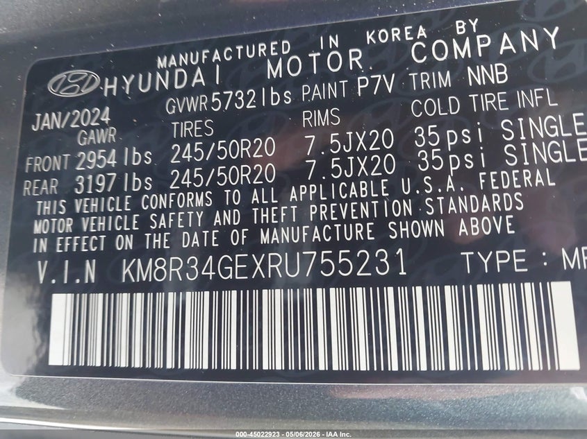 2024 Hyundai Palisade VIN KM8R34GEXRU755231 IAAI salvage auction — FRONT END, Salvage (Texas), sold $7,250 on 2026-07-21 (photo 7)
