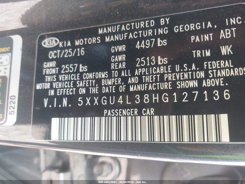 2017 Kia Optima VIN 5XXGU4L38HG127136 IAAI salvage auction — FRONT END, Salvage (Texas), sold $25 on 2026-07-30 (photo 9)