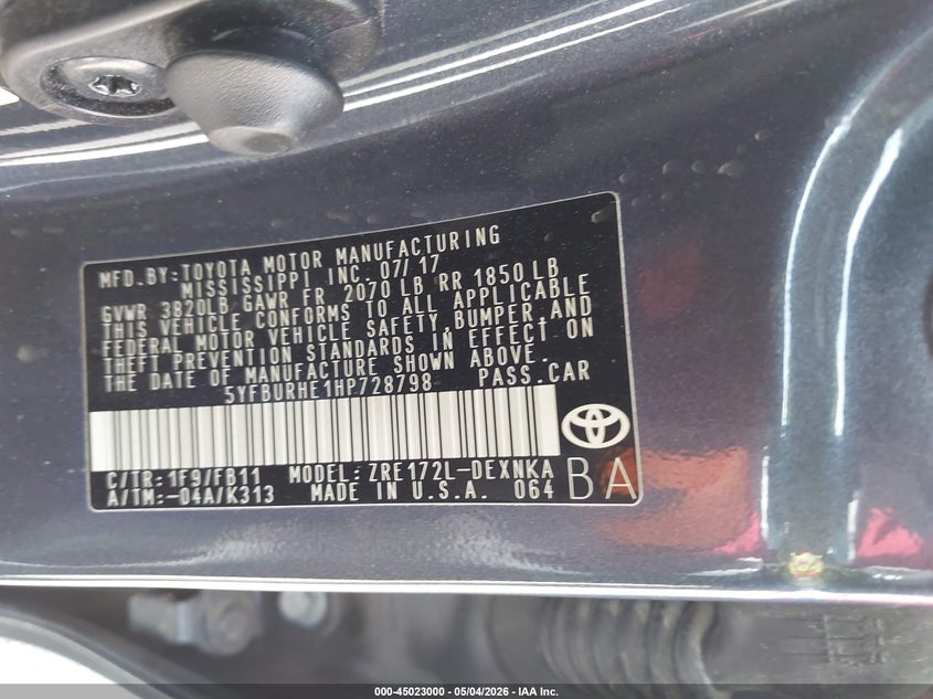 2017 Toyota Corolla VIN 5YFBURHE1HP728798 IAAI salvage auction — HAIL, Original (Texas), sold $5,450 on 2026-07-14 (photo 9)
