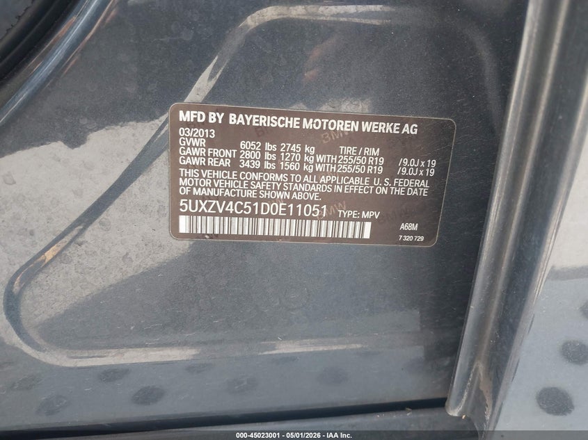 2013 BMW X5 VIN 5UXZV4C51D0E11051 IAAI salvage auction — NORMAL WEAR, Clear - Dealer Only (California), sold $675 on 2026-07-13 (photo 9)