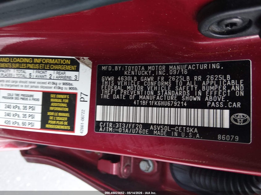 2017 Toyota Camry VIN 4T1BF1FK6HU679214 IAAI salvage auction — FRONT END, Salvage (Connecticut), sold $450 on 2026-07-24 (photo 9)