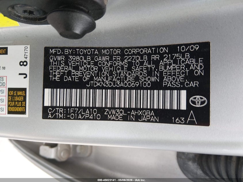 2010 Toyota Prius VIN JTDKN3DU3A0069100 IAAI salvage auction — LEFT FRONT, Salvage (Texas), sold $1,750 on 2026-07-09 (photo 9)