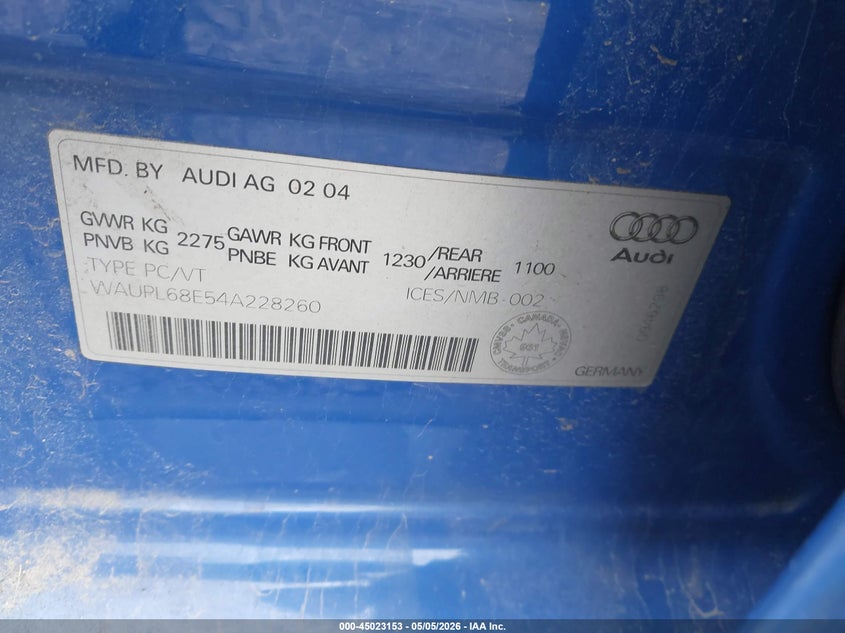 2004 Audi S4 VIN WAUPL68E54A228260 IAAI salvage auction — LEFT FRONT, Salvage (Illinois), sold $700 on 2026-07-08 (photo 9)
