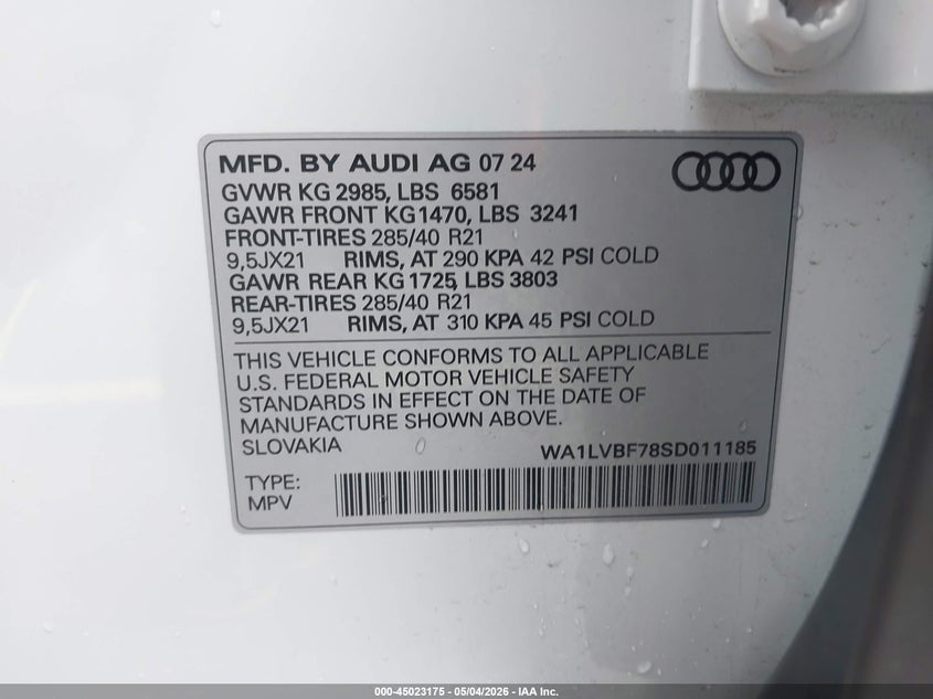 2025 Audi Q7 VIN WA1LVBF78SD011185 IAAI salvage auction — FRONT END, Rebuildable (Florida), sold $25,350 on 2026-07-13 (photo 9)