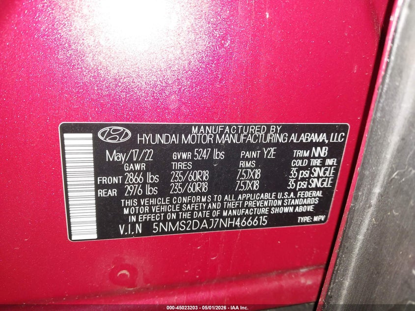 2022 Hyundai Santa fe VIN 5NMS2DAJ7NH466615 IAAI salvage auction — FRONT END, Original (Texas), sold $6,050 on 2026-07-09 (photo 9)