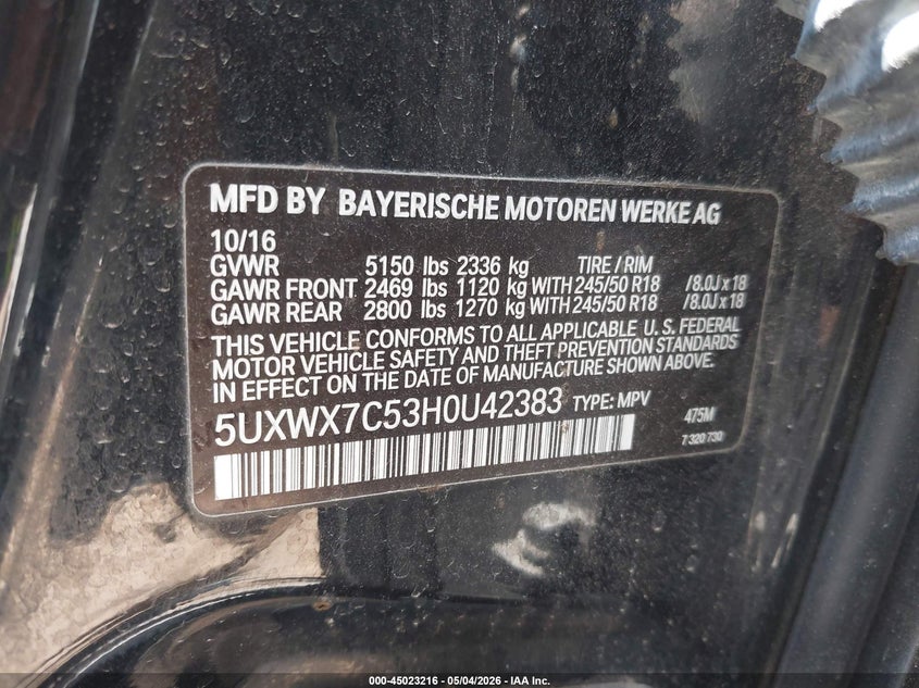 2017 BMW X3 VIN 5UXWX7C53H0U42383 IAAI salvage auction — HAIL, Salvage (Kansas), sold $3,500 on 2026-07-08 (photo 9)