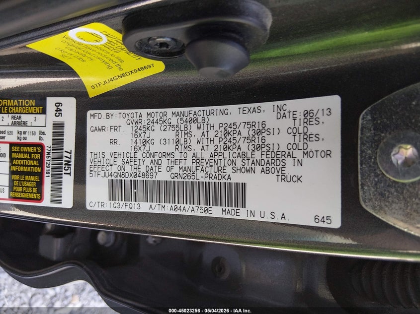 2013 Toyota Tacoma VIN 5TFJU4GN8DX048697 IAAI salvage auction — RIGHT FRONT, Salvage (South Carolina), sold $5,650 on 2026-07-07 (photo 9)
