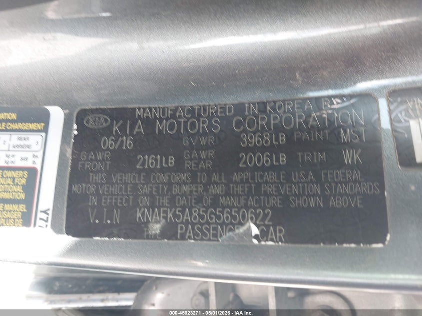 2016 Kia Forte VIN KNAFK5A85G5650622 IAAI salvage auction — LEFT REAR, Salvage (Illinois), sold $375 on 2026-07-21 (photo 9)
