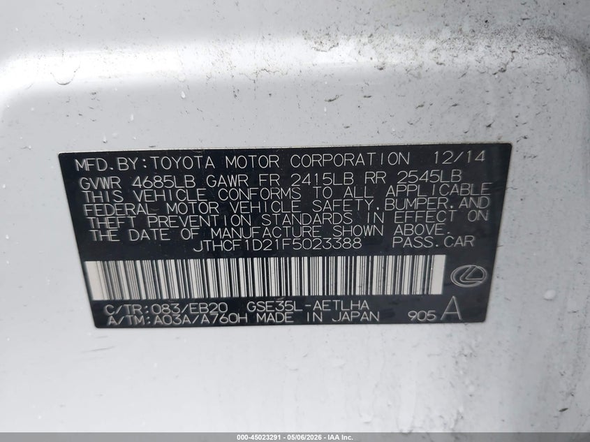 2015 Lexus Is VIN JTHCF1D21F5023388 IAAI salvage auction — FRONT END, Mv-907A (New York), sold $25 on 2026-07-28 (photo 9)