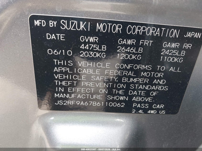 2011 Suzuki Kizashi VIN JS2RF9A67B6110062 IAAI salvage auction — FRONT END, Salvage (Virginia), sold $475 on 2026-07-20 (photo 9)