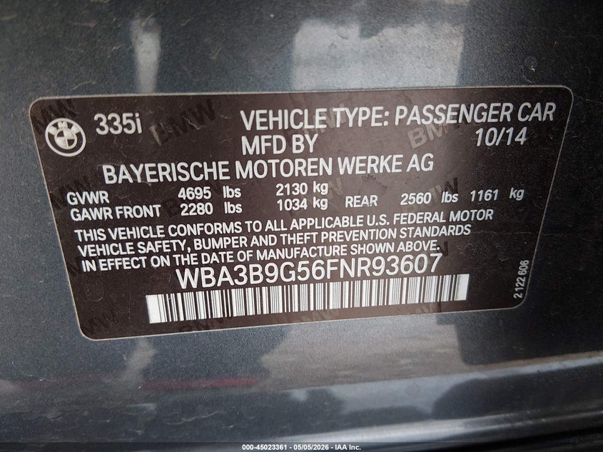 2015 BMW 3er VIN WBA3B9G56FNR93607 IAAI salvage auction — REAR END, Salvage (Kansas), sold $2,000 on 2026-07-17 (photo 9)