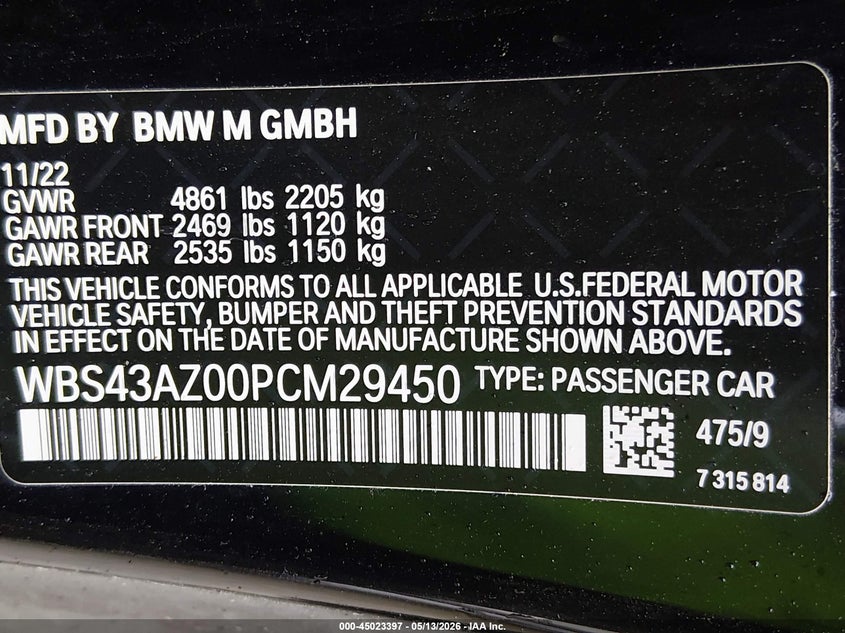 2023 BMW M4 VIN WBS43AZ00PCM29450 IAAI salvage auction — RIGHT FRONT, Bill Of Sale (Washington), sold $16,100 on 2026-07-27 (photo 9)
