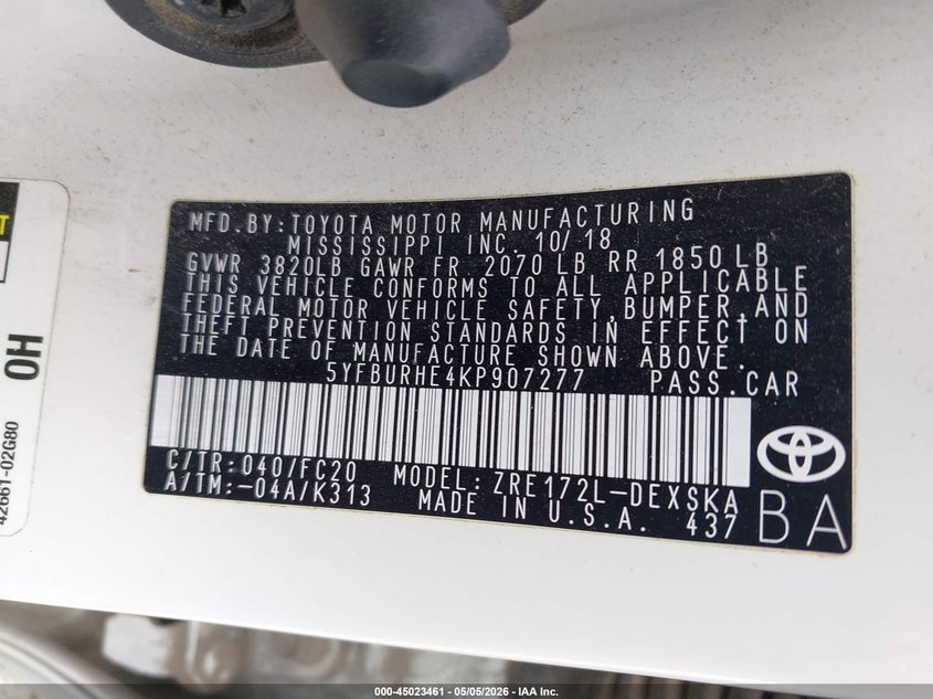 2019 Toyota Corolla VIN 5YFBURHE4KP907277 IAAI salvage auction — FRONT END, Original (Texas), sold $2,200 on 2026-07-14 (photo 9)