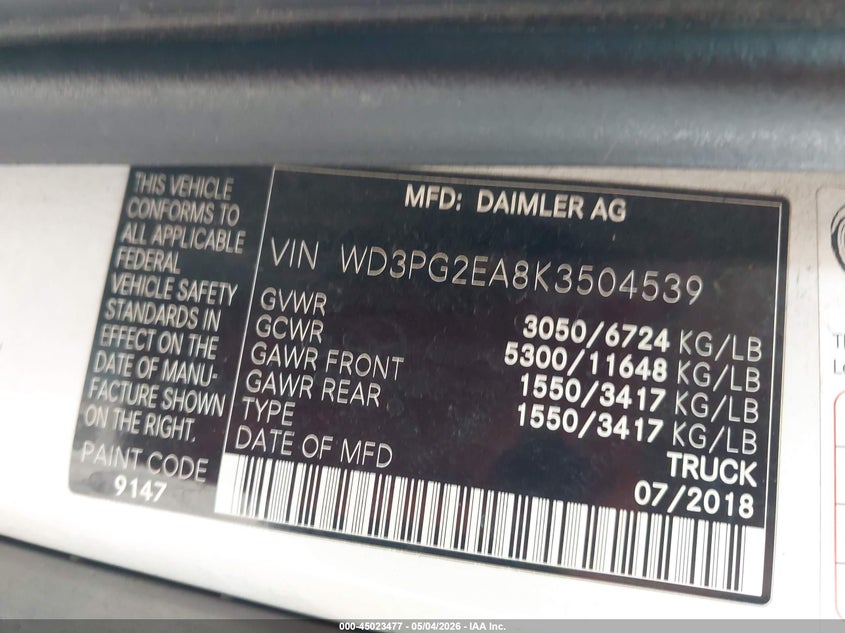 2019 Mercedes-benz Metris VIN WD3PG2EA8K3504539 IAAI salvage auction — NORMAL WEAR, Clear (Arizona), sold $2,350 on 2026-07-07 (photo 9)
