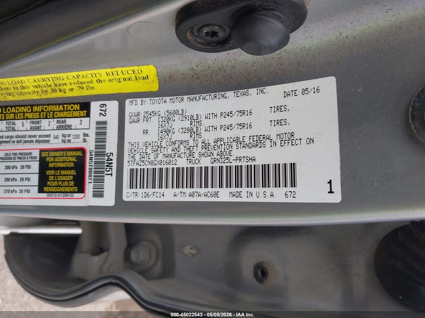 2016 Toyota Tacoma VIN 5TFAZ5CN8GX016012 IAAI salvage auction — STORM DAMAGE, Original (Texas), sold $10,950 on 2026-07-14 (photo 9)