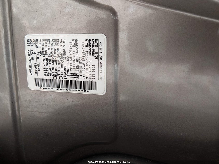 2009 Nissan Murano VIN JN8AZ18W79W151490 IAAI salvage auction — FRAME DAMAGE, Salvage (Idaho), sold $250 on 2026-07-07 (photo 9)