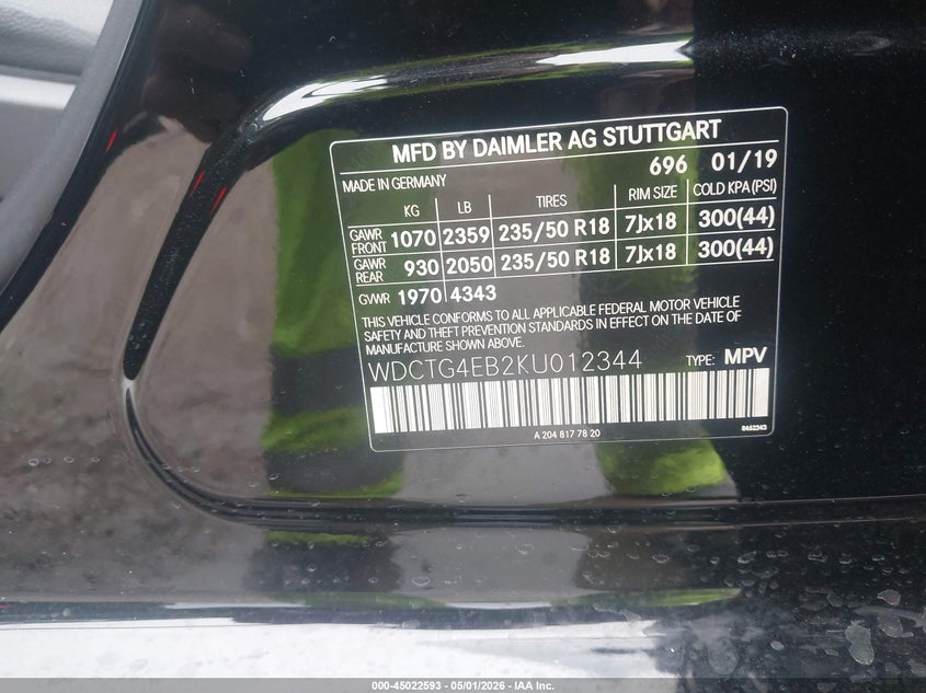 2019 Mercedes-benz Gla-klasse VIN WDCTG4EB2KU012344 IAAI salvage auction — FRONT END, Salvage (Texas), sold $5,950 on 2026-07-08 (photo 9)
