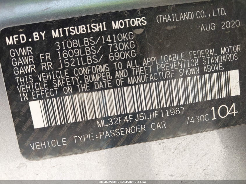 2020 Mitsubishi Mirage VIN ML32F4FJ5LHF11987 IAAI salvage auction — FRONT END, Salvage (Texas), sold $1,250 on 2026-07-12 (photo 9)