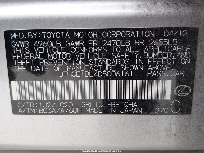 2013 Lexus Gs VIN JTHCE1BL4D5006161 IAAI salvage auction — LEFT FRONT, Original (Texas), sold $2,650 on 2026-07-21 (photo 9)