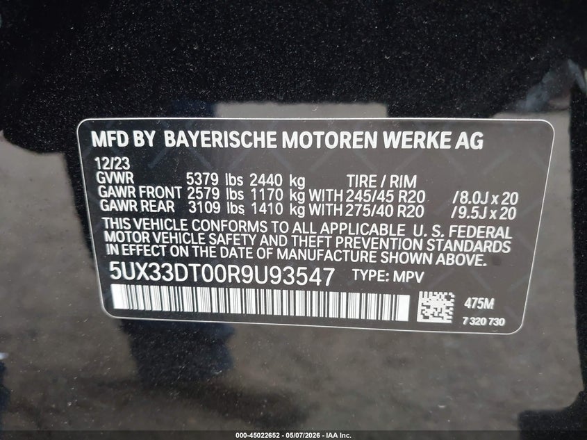 2024 BMW X4 VIN 5UX33DT00R9U93547 IAAI salvage auction — HAIL, Original (Texas), sold $28,300 on 2026-07-28 (photo 9)