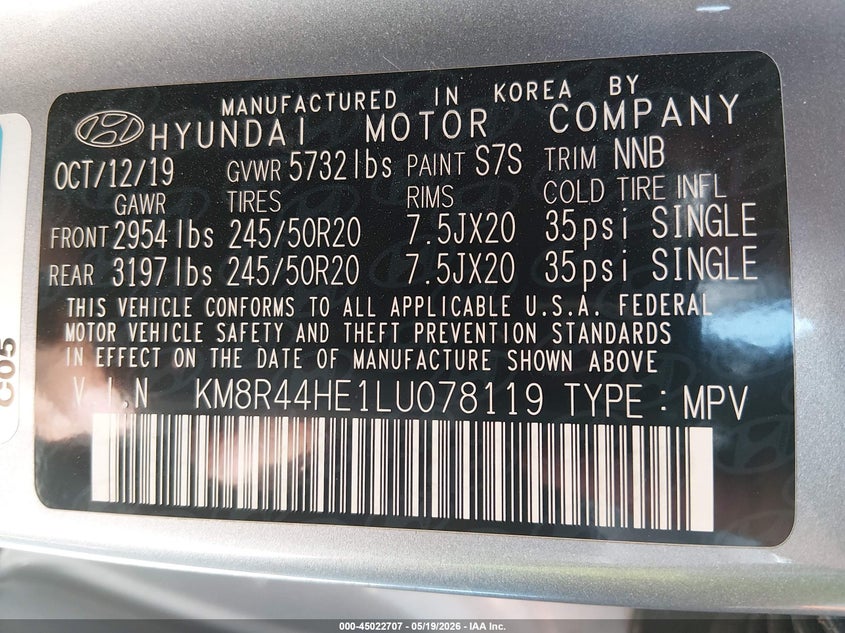 2020 Hyundai Palisade VIN KM8R44HE1LU078119 IAAI salvage auction — HAIL, Original (Texas), sold $6,100 on 2026-07-28 (photo 9)
