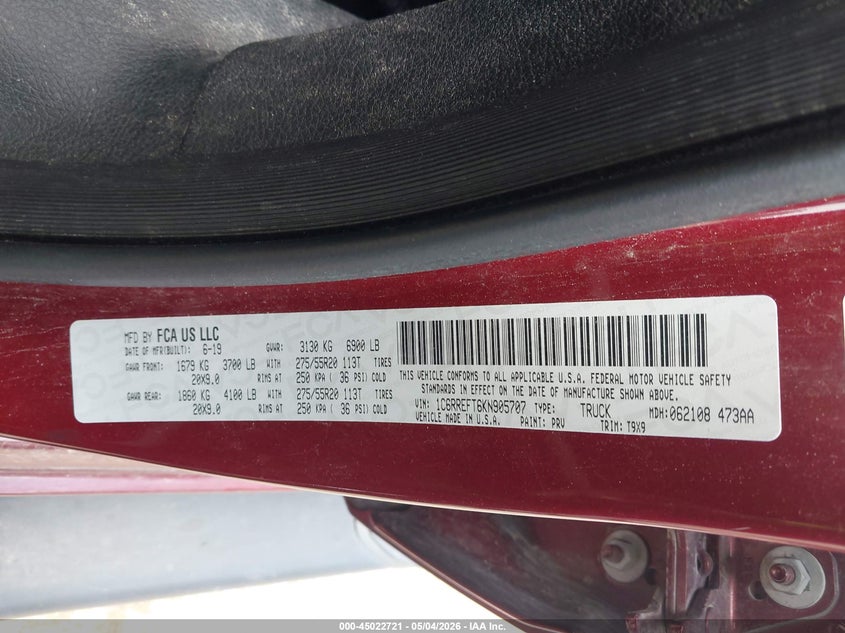 2019 Ram 1500 VIN 1C6RREFT6KN905707 IAAI salvage auction — FRONT & REAR, Original (Texas), sold $4,050 on 2026-07-11 (photo 9)