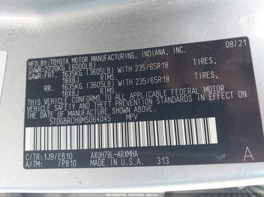 2021 Toyota Highlander VIN 5TDGBRCH8MS064045 IAAI salvage auction — BIO HAZARD, Salvage (Massachusetts), sold $19,000 on 2026-07-10 (photo 9)