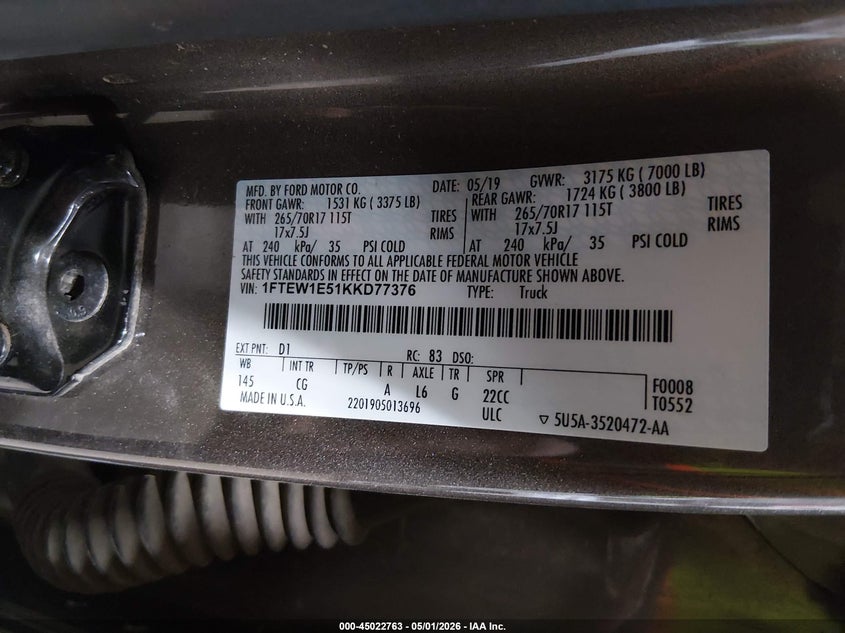 2019 Ford F-150 VIN 1FTEW1E51KKD77376 IAAI salvage auction — Normal Wear, SF97 (North Dakota), sold $18,000 on 2026-07-09 (photo 9)