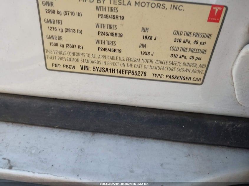 2014 Tesla Model s VIN 5YJSA1H14EFP65276 IAAI salvage auction — FRONT END, Salvage (Texas), sold $1,875 on 2026-07-20 (photo 9)