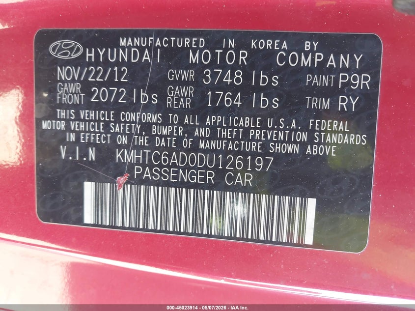 2013 Hyundai Veloster VIN KMHTC6AD0DU126197 IAAI salvage auction — NORMAL WEAR, Clear (Montana), sold $225 on 2026-07-08 (photo 9)
