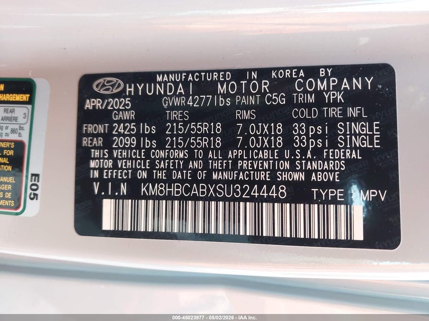 2025 Hyundai Kona VIN KM8HBCABXSU324448 IAAI salvage auction — FRONT END, Certificate Of Destruction (Florida), sold $6,950 on 2026-07-27 (photo 9)