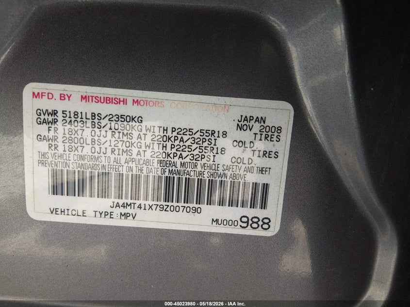 2009 Mitsubishi Outlander VIN JA4MT41X79Z007090 IAAI salvage auction — FRONT END, Original (Kentucky), sold $250 on 2026-07-29 (photo 9)