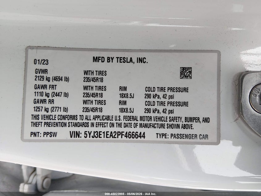 2023 Tesla Model 3 VIN 5YJ3E1EA2PF466644 IAAI salvage auction — REAR END, Bill Of Sale (Washington), sold $9,800 on 2026-07-12 (photo 9)