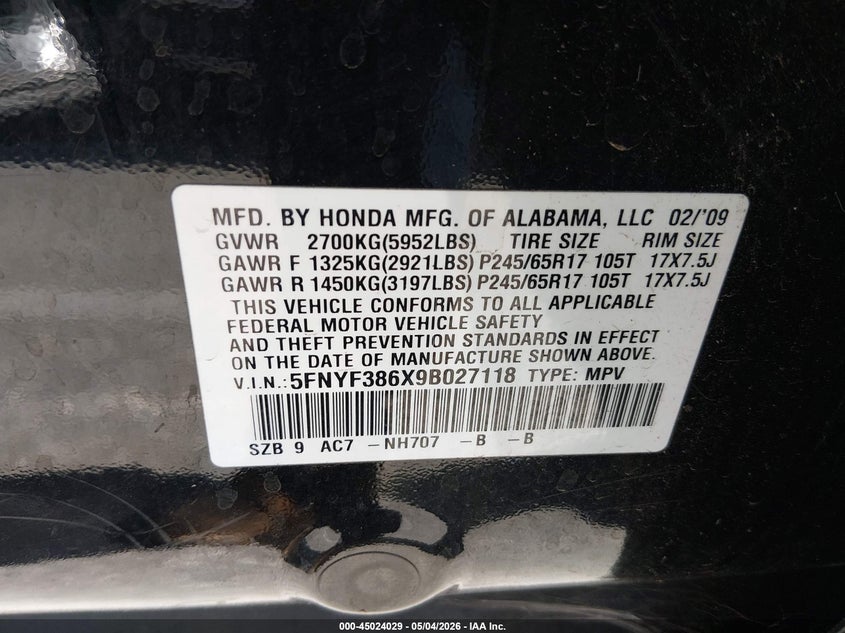 2009 Honda Pilot VIN 5FNYF386X9B027118 IAAI salvage auction — NORMAL WEAR, Salvage (Idaho), sold $500 on 2026-07-09 (photo 9)