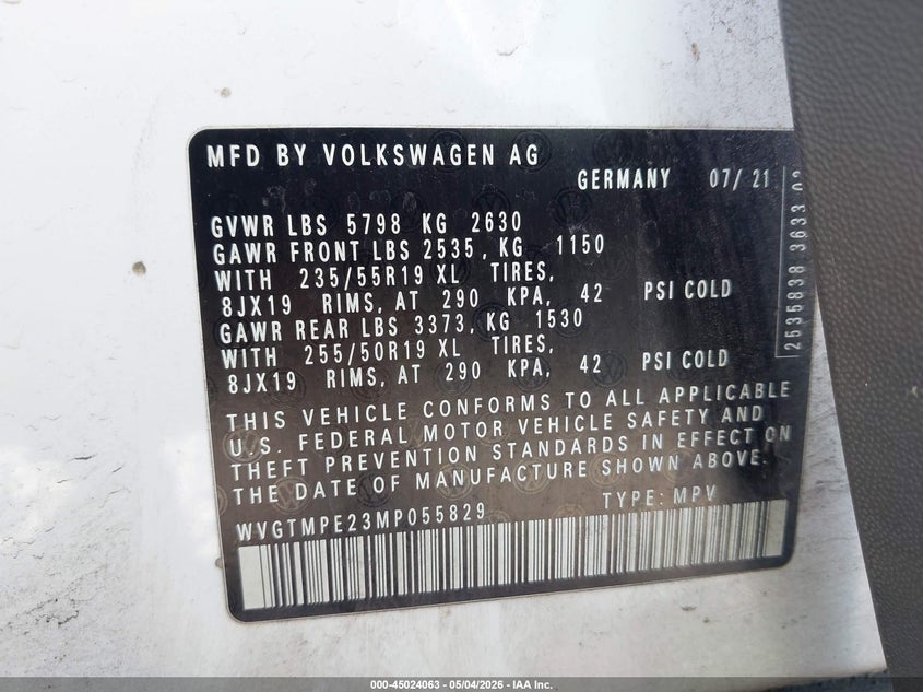 2021 Volkswagen Id.4 VIN WVGTMPE23MP055829 IAAI salvage auction — LEFT SIDE, Bill Of Sale (Washington), sold $7,200 on 2026-07-29 (photo 9)
