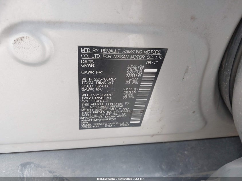 2017 Nissan Rogue VIN KNMAT2MV3HP613259 IAAI salvage auction — HAIL, Clear (Oklahoma), sold $2,175 on 2026-07-22 (photo 9)