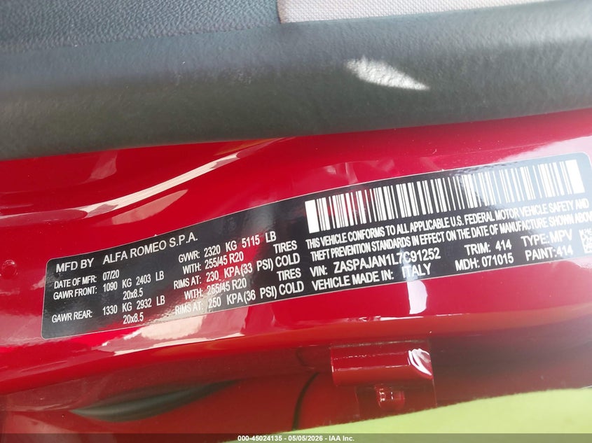 2020 Alfa romeo Stelvio VIN ZASPAJAN1L7C91252 IAAI salvage auction — LEFT FRONT, Original (Texas), sold $3,900 on 2026-07-29 (photo 9)