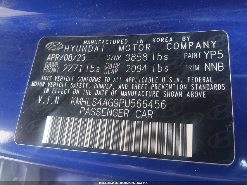 2023 Hyundai Elantra VIN KMHLS4AG9PU566456 IAAI salvage auction — FRONT END, Salvage (Ohio), sold $1,550 on 2026-07-14 (photo 9)