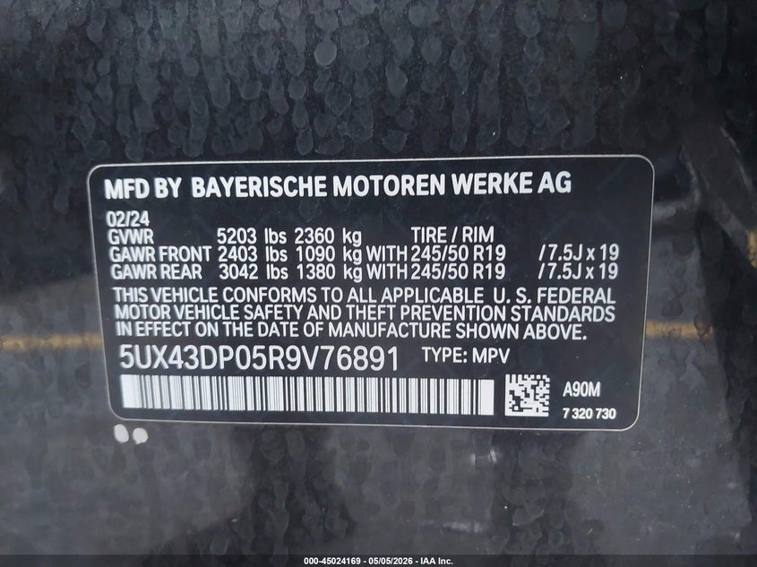 2024 BMW X3 VIN 5UX43DP05R9V76891 IAAI salvage auction — FRONT END, Rebuildable (Florida), sold $10,075 on 2026-07-29 (photo 9)