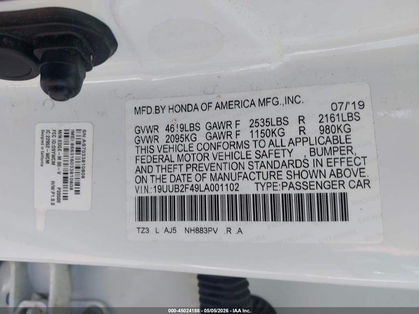 2020 Acura Tlx VIN 19UUB2F49LA001102 IAAI salvage auction — HAIL, Salvage (Ohio), sold $8,850 on 2026-07-21 (photo 9)