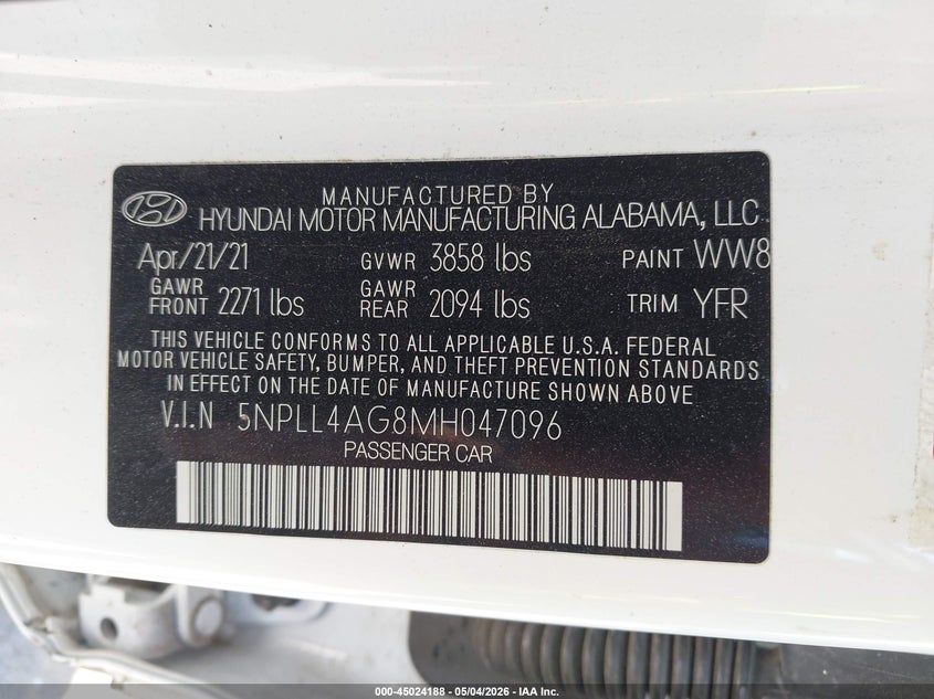 2021 Hyundai Elantra VIN 5NPLL4AG8MH047096 IAAI salvage auction — LEFT SIDE, Salvage (North Carolina), sold $3,975 on 2026-07-23 (photo 9)