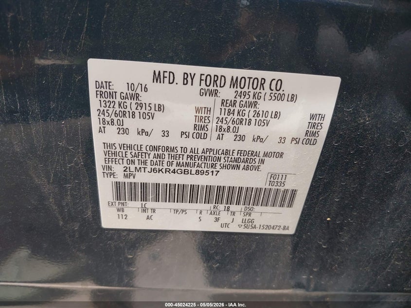 2016 Lincoln Mkx VIN 2LMTJ6KR4GBL89517 IAAI salvage auction — FRONT END, Original (Texas), sold $3,325 on 2026-07-09 (photo 9)