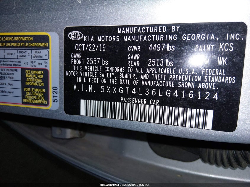 2020 Kia Optima VIN 5XXGT4L36LG416124 IAAI salvage auction — FRONT END, Salvage (Tennessee), sold $1,500 on 2026-07-06 (photo 9)