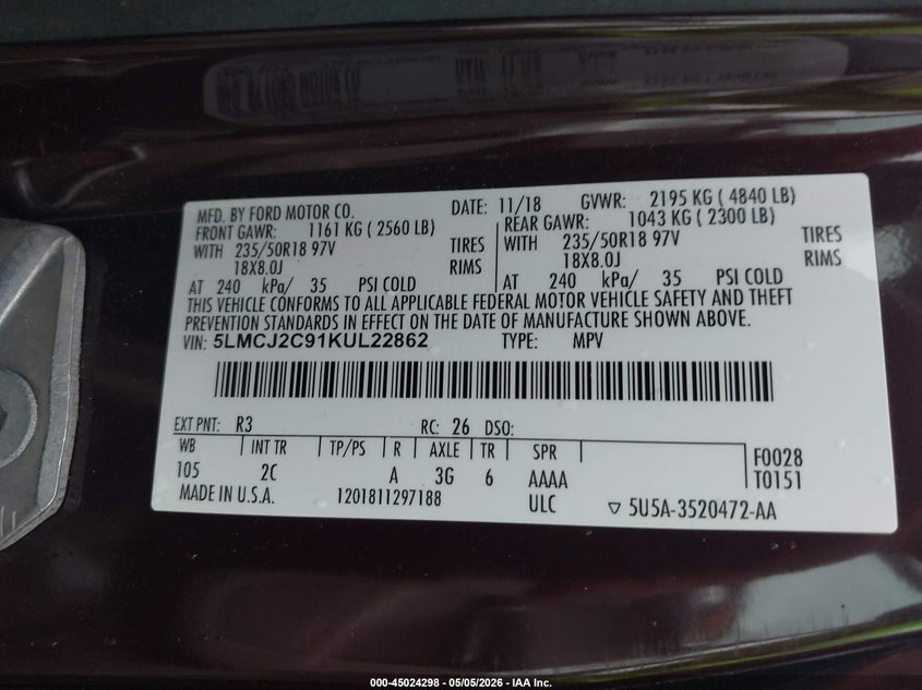 2019 Lincoln Mkc VIN 5LMCJ2C91KUL22862 IAAI salvage auction — FRONT END, Salvage (Ohio), sold $2,550 on 2026-07-17 (photo 9)