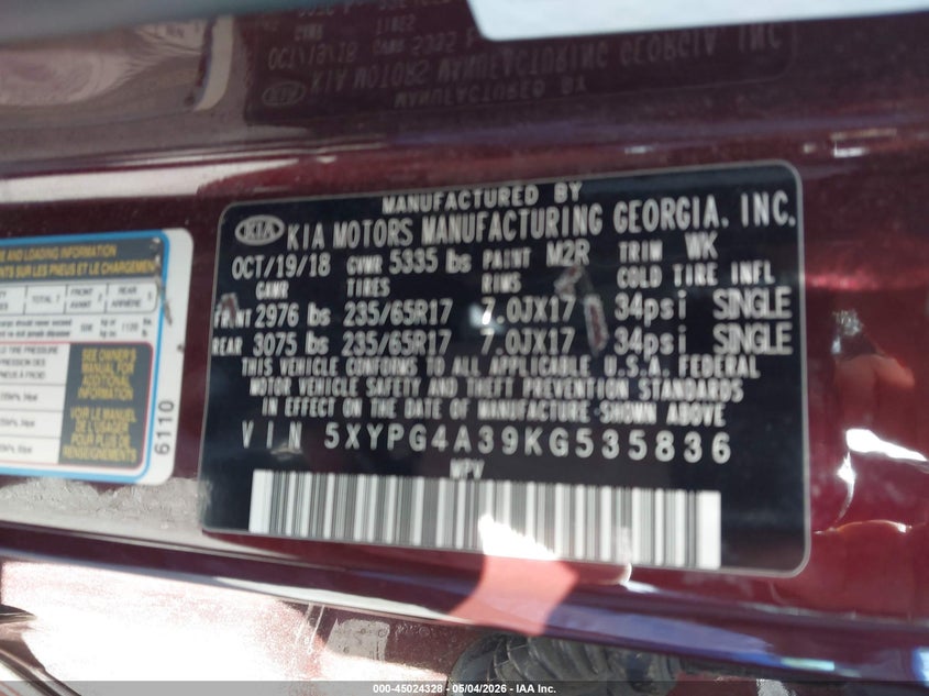 2019 Kia Sorento VIN 5XYPG4A39KG535836 IAAI salvage auction — THEFT, Salvage (California), sold $900 on 2026-07-30 (photo 9)