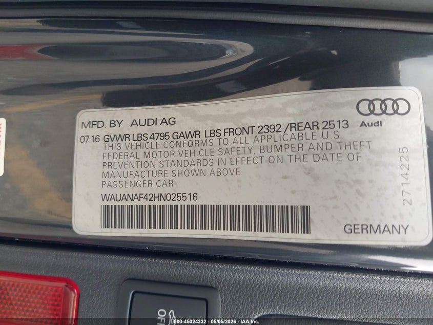 2017 Audi A4 VIN WAUANAF42HN025516 IAAI salvage auction — LEFT SIDE, Original (Texas), sold $2,575 on 2026-07-29 (photo 9)