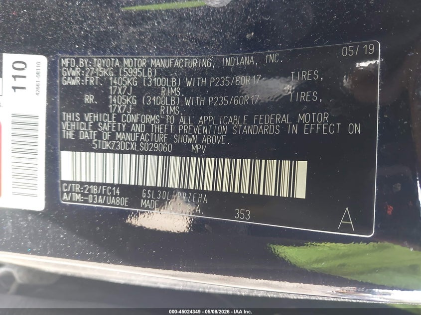 2020 Toyota Sienna VIN 5TDKZ3DCXLS029060 IAAI salvage auction — LEFT SIDE, Mv-907A (New York), sold $2,850 on 2026-07-14 (photo 9)