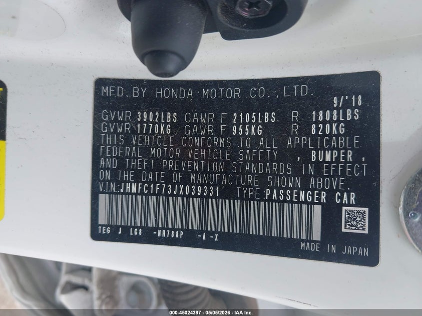 2018 Honda Civic VIN JHMFC1F73JX039331 IAAI salvage auction — FRONT END, Salvage (Texas), sold $1,900 on 2026-07-28 (photo 9)
